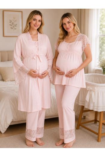 Dantelli Pudra Ekru Kısa Kollu Lohusa Hamile Pijama Takımı Sabahlık 33002